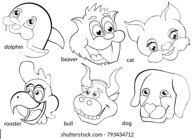 Coloring book. Animal heads. Set. Cartoon style. Isolated image on white background.