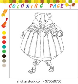 Coloring book with animal theme. Black and white outline illustration for coloring. Visual game for kids and preschool children. Funny image for coloring, drawing