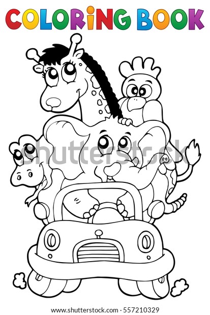 Coloring\
book animals in car - eps10 vector\
illustration.