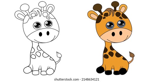 Coloring book with animals, Coloring book with a cute giraffe, Vector illustration in color and black and white.