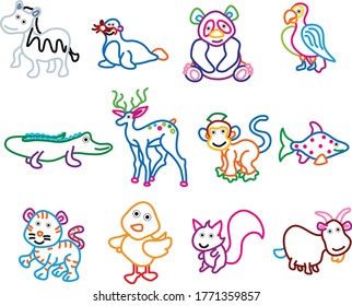 Coloring book animals set. Colorful cartoon characters for kids isolated background. Vector illustration