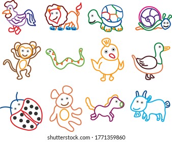 Coloring book animals set. Colorful cartoon characters for kids isolated background. Vector illustration