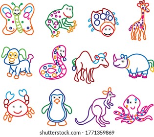 Coloring book animals set. Colorful cartoon characters for kids isolated background. Vector illustration