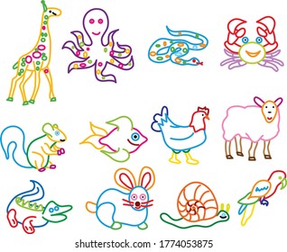 Coloring book animals set. Colorful cartoon characters for kids isolated background. Vector illustration