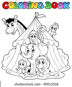 Coloring book animals in tent - vector illustration.