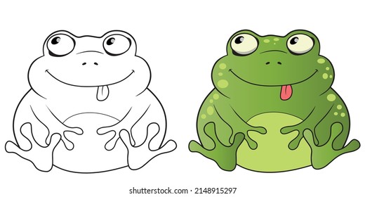 Coloring book with animals, Vector illustration color and black and white, Digital drawing cute frog, Print toad.