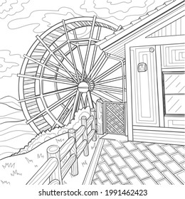 Coloring book antistress for adults and children, house in nature and windmill