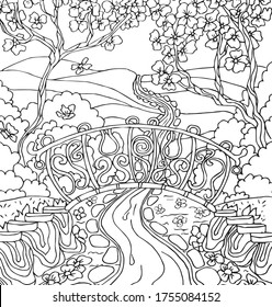 Coloring book antistress black and white vector hand-drawn picture park.  Vector illustration park for coloring, for greeting cards, posters, posters, stickers, stickers, design.