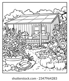 Coloring book antistress for children and adults. Pumpkins and sunflowers in the garden , Illustration isolated on white background.