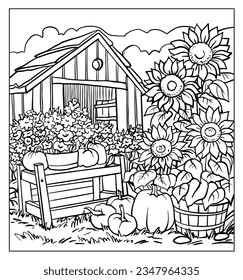 Coloring book antistress for children and adults. Pumpkins and sunflowers in the garden , Illustration isolated on white background.