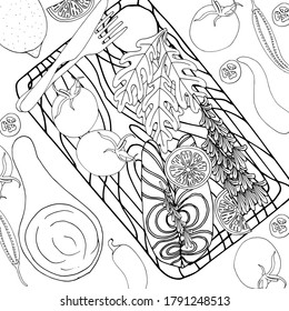 coloring book antistress food fish with herbs and lemon