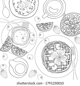 coloring book antistress food waffles, pancakes, porridge