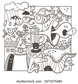 Coloring book antistress with funny creatures. Doodle print with dragon, monster and musical instrument. Line art poster.