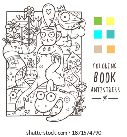 Coloring book antistress with funny creatures. Doodle print with dragon, monster and cups. Line art poster.