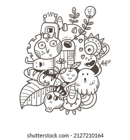 Coloring book antistress with funny creatures. Doodle print with fantasy characters. Line art poster.