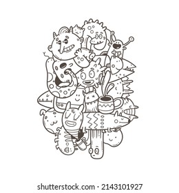 Coloring book antistress with funny creatures. Doodle print with fantasy characters. Line art poster.