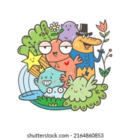 Coloring book antistress with funny creatures. Doodle print with fantasy characters. Line art poster.