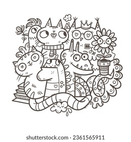 Coloring book antistress with funny creatures. Doodle print with fantasy characters, cats and birds. Line art poster. Illustration for children.