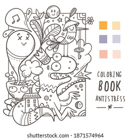 Coloring book antistress with funny cute cartoon creatures. Doodle print with dragon, monster and bird. Line art poster.