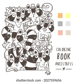 Coloring book antistress with funny cute cartoon raccoons. Doodle print with joyful animals. Line art poster. 