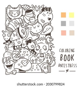 Colores de antiestrés en libros con graciosos monstruos adorables de dibujos animados. Huella de garabatos con animales alegres. Afiche de arte en línea. 