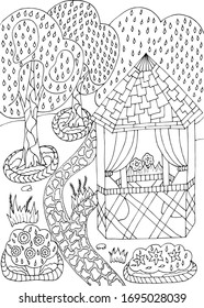 Coloring book antistress gazebo in the garden with trees and flowerbeds around