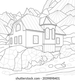 Coloring book antistress, house in the mountains rocks stones