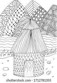 coloring book antistress hut with a thatched roof on the river Bank