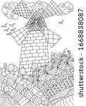 coloring book antistress mill with fields and trees