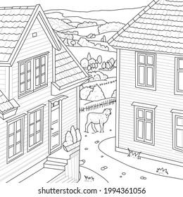 Coloring book antistress , two houses in nature and the sheep in the pasture