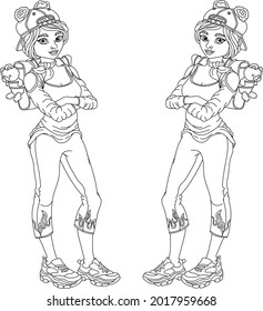 Coloring book antistress vector black and white illustration with a girls, with hair, cap, backpack, toy bear, sneakers.Vector illustration for art therapy, coloring, for greeting cards, posters.