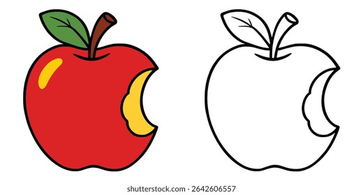 Livro de colorir de uma maçã com uma mordida tirada dele, no fundo branco esboço ilustração vetor