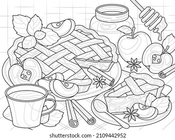 Coloring book with apple pie abstract concept. Simple linear template with pastries, fruits, honey and hot coffee. Entertainment or antistress for children and adults. Cartoon flat vector illustration