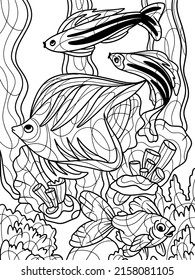 Coloring book, aquarium with fish and algae. Sea bottom. Coloring book antistress for children and adults.