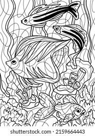 Libro de colores, acuario con peces y algas. Fondo marino. Antiestrés en libros de colores para niños y adultos.