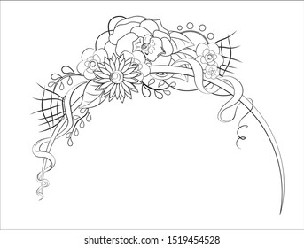 Coloring book arch element with flowers and tapes, white on a black background