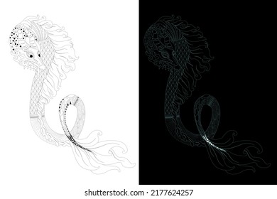 Coloring book for art therapy. A hand-drawn dragon. The art of linear engraving.