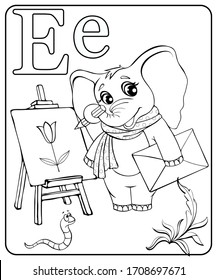 Coloring book with artist elephant. For kids. Letter of the English alphabet E. 