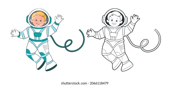 Coloring book: An astronaut in a blue and white spacesuit waves a friendly hand. Vector illustration in cartoon style, black and white line art, isolated on white background