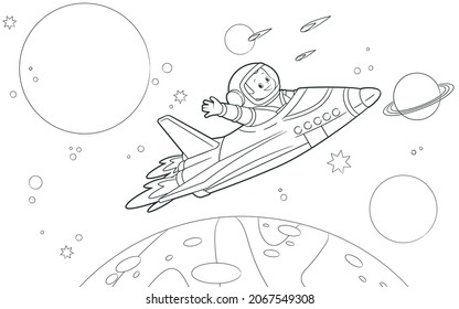 Coloring book: an astronaut flies on a shuttle among the planets and waves his hand in greeting. Vector illustration in cartoon style, black and white line art