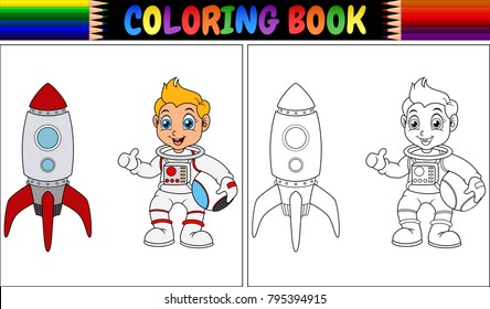 Coloring book with astronaut kid and rocket ship