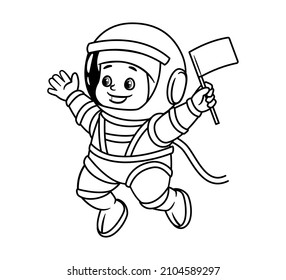 Coloring book: an astronaut toddler in a helmet and a spacesuit waves a pioneer flag. Vector illustration in cartoon style, black and white isolated line art