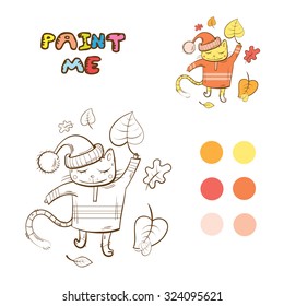 Coloring book with autumn cartoon cat.