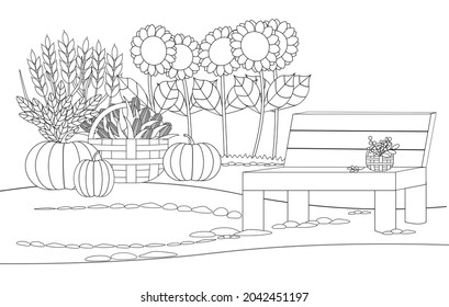 Coloring book with an autumn landscape. For page design, games, covers, design, creativity. Thanksgiving day.