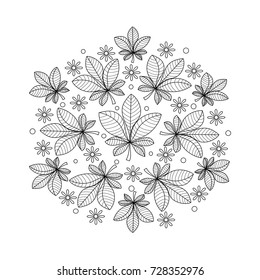 Coloring book of autumn leaves and flowers for adult.vector illustration.Hand drawn.