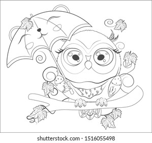 Coloring book, Autumn Owl with green eyes, on a branch, with umbrella. The picture in hand drawing cartoon style, can be used for t-shirt print, wear fashion design, greeting card, party invitation