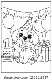 coloring book baby dog wearing birthday hat 