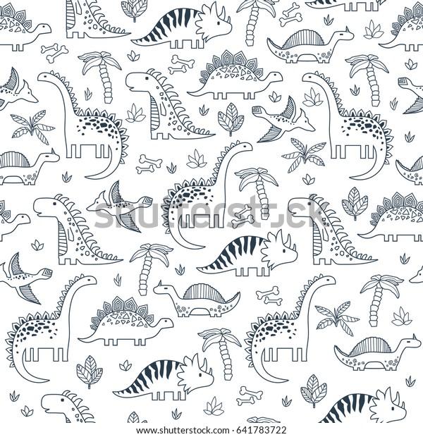Coloring Book Background Dinosaurs Adorable Seamless Stock Vector