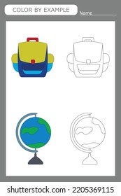 Coloring book of a backpack and globe. Educational creative games for preschool children
