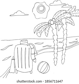 Coloring book beach with palm trees sea and suitcases